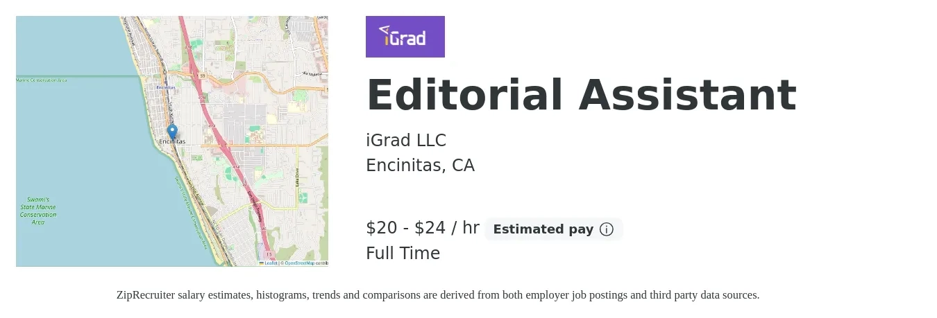 iGrad LLC job posting for a Editorial Assistant in Encinitas, CA with a salary of $21 to $25 Hourly with a map of Encinitas location.