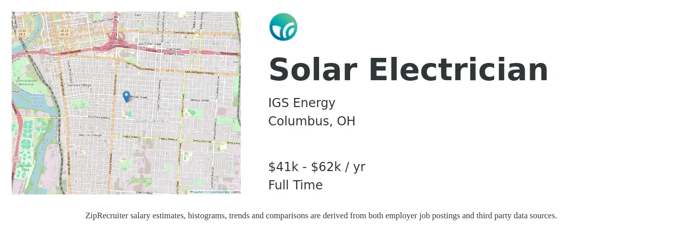 IGS Energy job posting for a Solar Electrician in Columbus, OH with a salary of $41,920 to $62,880 Yearly with a map of Columbus location.