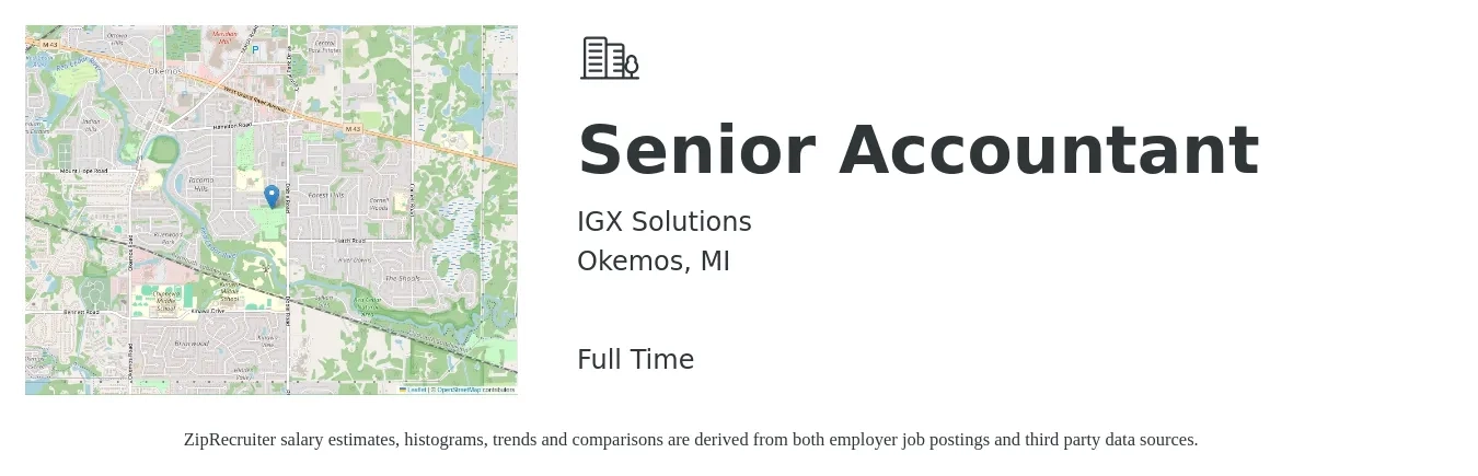 IGX Solutions job posting for a Senior Accountant in Okemos, MI with a salary of $67,400 to $84,700 Yearly with a map of Okemos location.