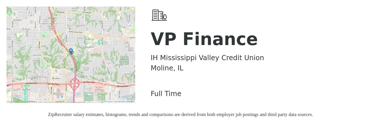 IH Mississippi Valley Credit Union job posting for a VP Finance in Moline, IL with a salary of $126,400 to $183,900 Yearly with a map of Moline location.