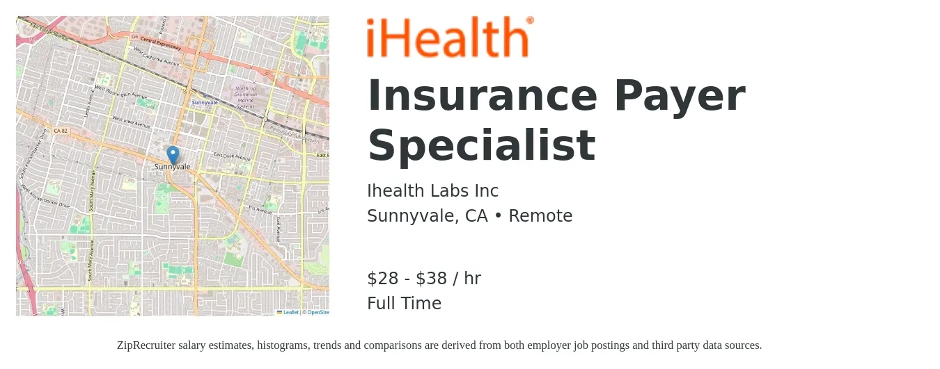 Ihealth Labs Inc job posting for a Insurance Payer Specialist in Sunnyvale, CA with a salary of $30 to $40 Hourly with a map of Sunnyvale location.