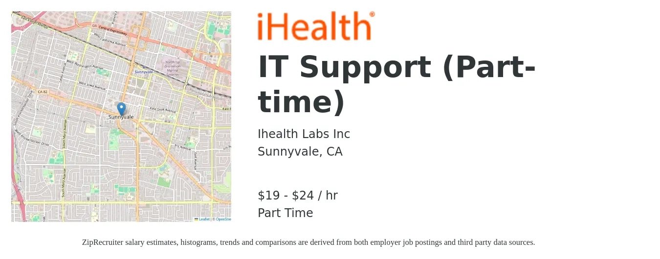 Ihealth Labs Inc job posting for a IT Support (Part-time) in Sunnyvale, CA with a salary of $20 to $25 Hourly with a map of Sunnyvale location.