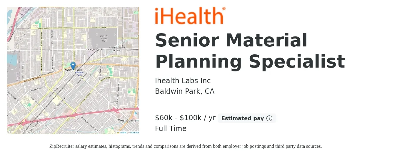 Ihealth Labs Inc job posting for a Senior Material Planning Specialist in Baldwin Park, CA with a salary of $60,000 to $100,000 Yearly with a map of Baldwin Park location.