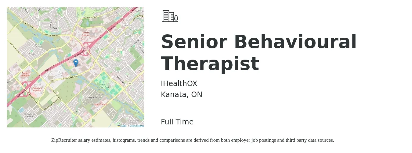 IHealthOX job posting for a Senior Behavioural Therapist in Kanata, ON with a map of Kanata location.