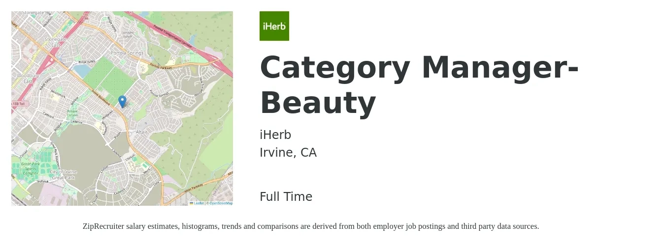 iHerb job posting for a Category Manager- Beauty in Irvine, CA with a salary of $81,000 to $118,600 Yearly with a map of Irvine location.
