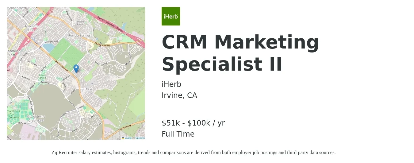 iHerb job posting for a CRM Marketing Specialist II in Irvine, CA with a salary of $51,489 to $100,303 Yearly with a map of Irvine location.