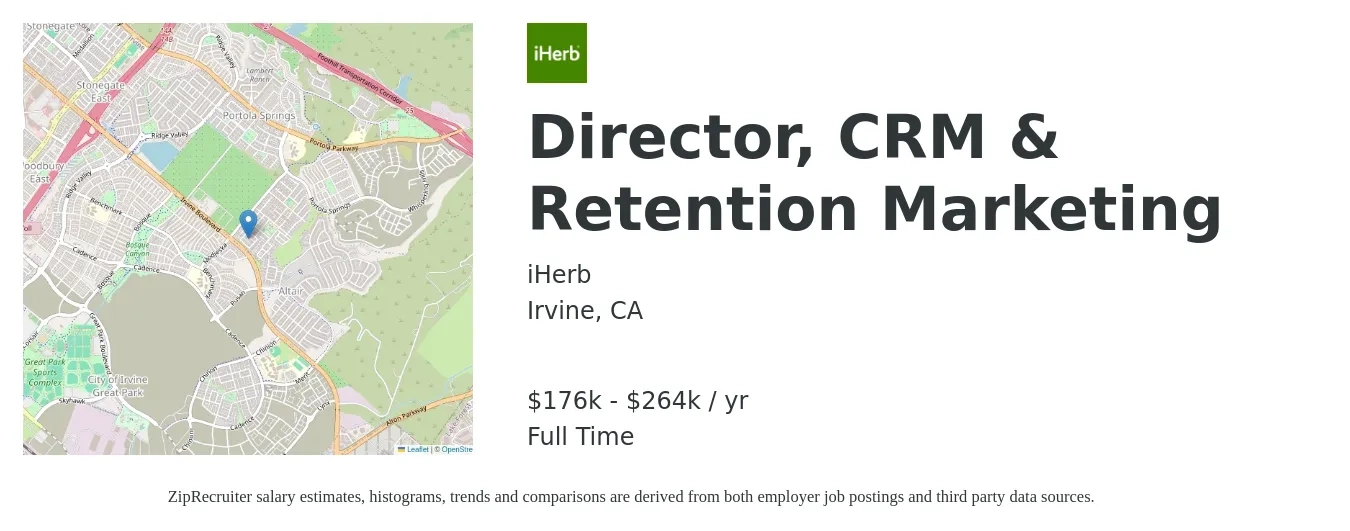 iHerb job posting for a Director, CRM & Retention Marketing in Irvine, CA with a salary of $176,534 to $264,801 Yearly with a map of Irvine location.