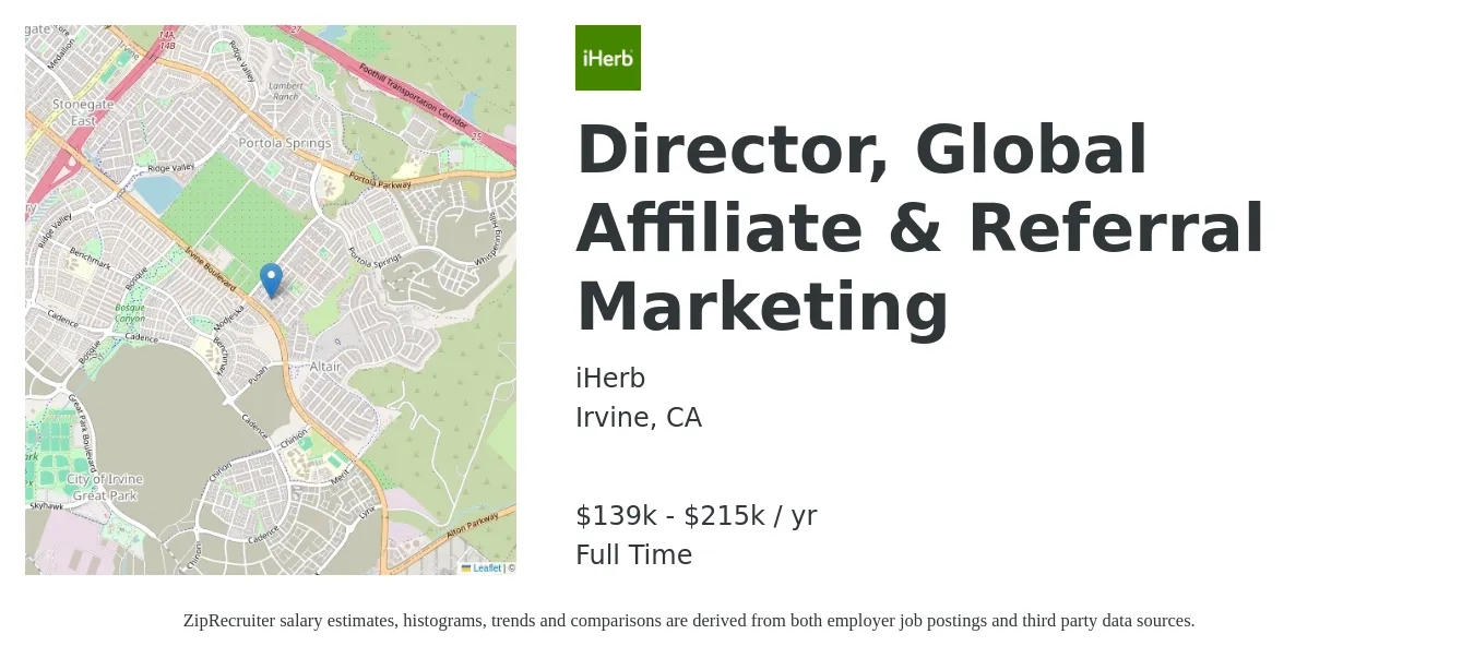iHerb job posting for a Director, Global Affiliate & Referral Marketing in Irvine, CA with a salary of $139,000 to $215,903 Yearly with a map of Irvine location.