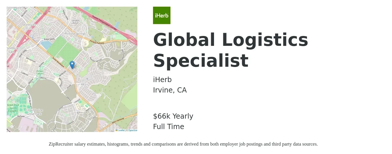 iHerb job posting for a Global Logistics Specialist in Irvine, CA with a salary of $66,560 Yearly with a map of Irvine location.