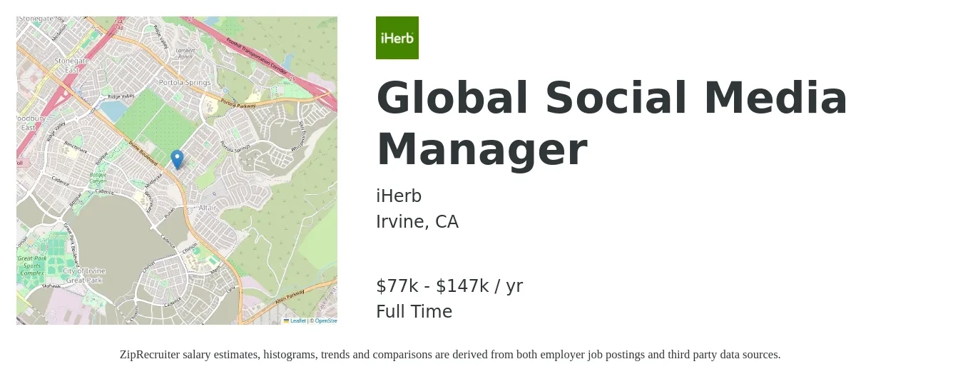iHerb job posting for a Global Social Media Manager in Irvine, CA with a salary of $77,234 to $147,446 Yearly with a map of Irvine location.