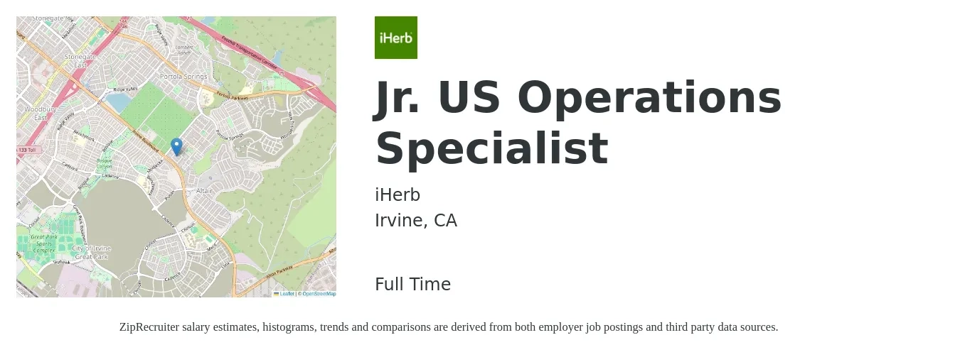 iHerb job posting for a Jr. US Operations Specialist in Irvine, CA with a salary of $51,500 to $87,500 Yearly with a map of Irvine location.