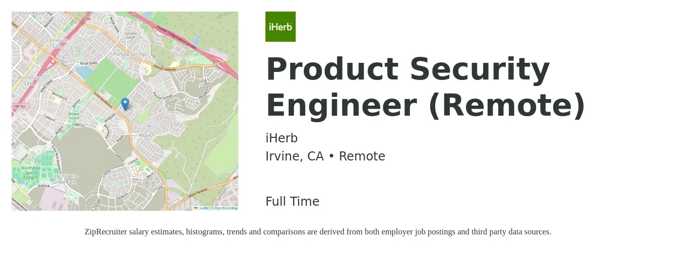 iHerb job posting for a Product Security Engineer (Remote) in Irvine, CA with a salary of $153,500 to $170,100 Yearly with a map of Irvine location.