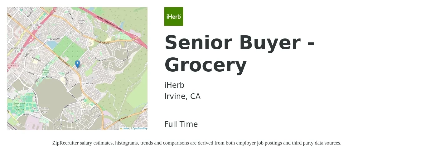 iHerb job posting for a Senior Buyer - Grocery in Irvine, CA with a salary of $59,000 to $84,800 Yearly with a map of Irvine location.