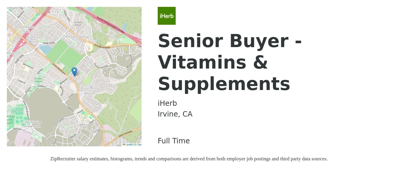 iHerb job posting for a Senior Buyer - Vitamins & Supplements in Irvine, CA with a salary of $59,000 to $84,800 Yearly with a map of Irvine location.