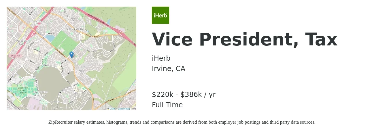 iHerb job posting for a Vice President, Tax in Irvine, CA with a salary of $220,667 to $386,168 Yearly with a map of Irvine location.