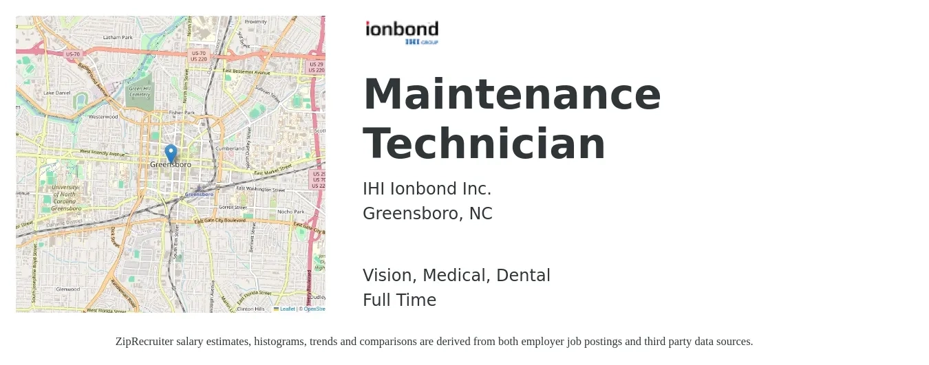 IHI Ionbond Inc. job posting for a Maintenance Technician in Greensboro, NC with a salary of $19 to $26 Hourly and benefits including dental, life_insurance, medical, pto, retirement, and vision with a map of Greensboro location.