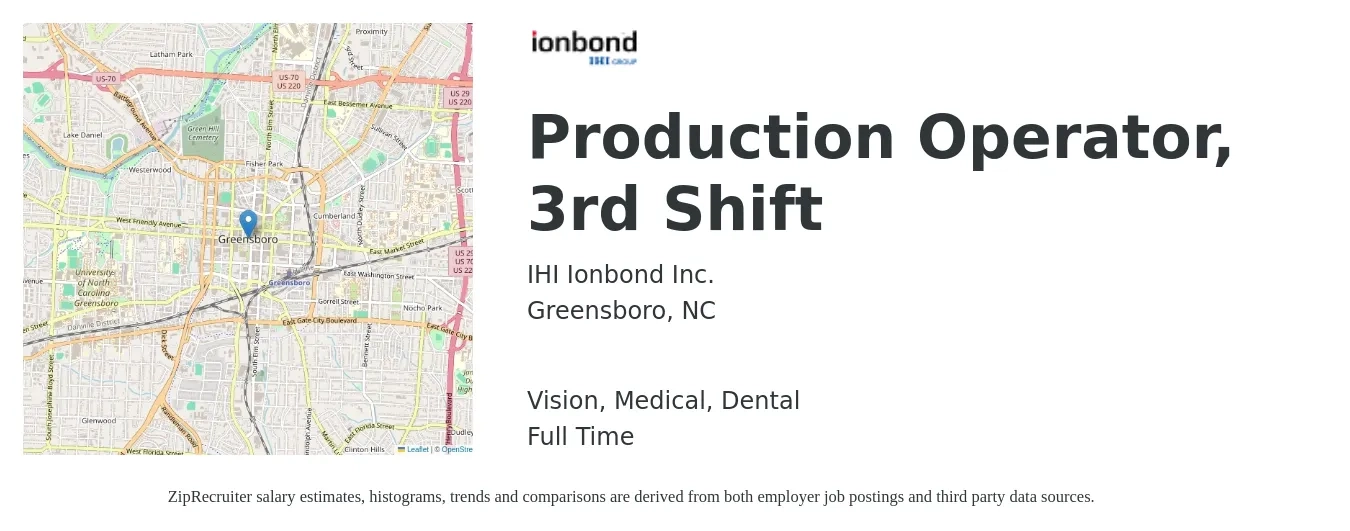 IHI Ionbond Inc. job posting for a Production Operator, 3rd Shift in Greensboro, NC with a salary of $16 to $20 Hourly and benefits including retirement, vision, dental, life_insurance, and medical with a map of Greensboro location.