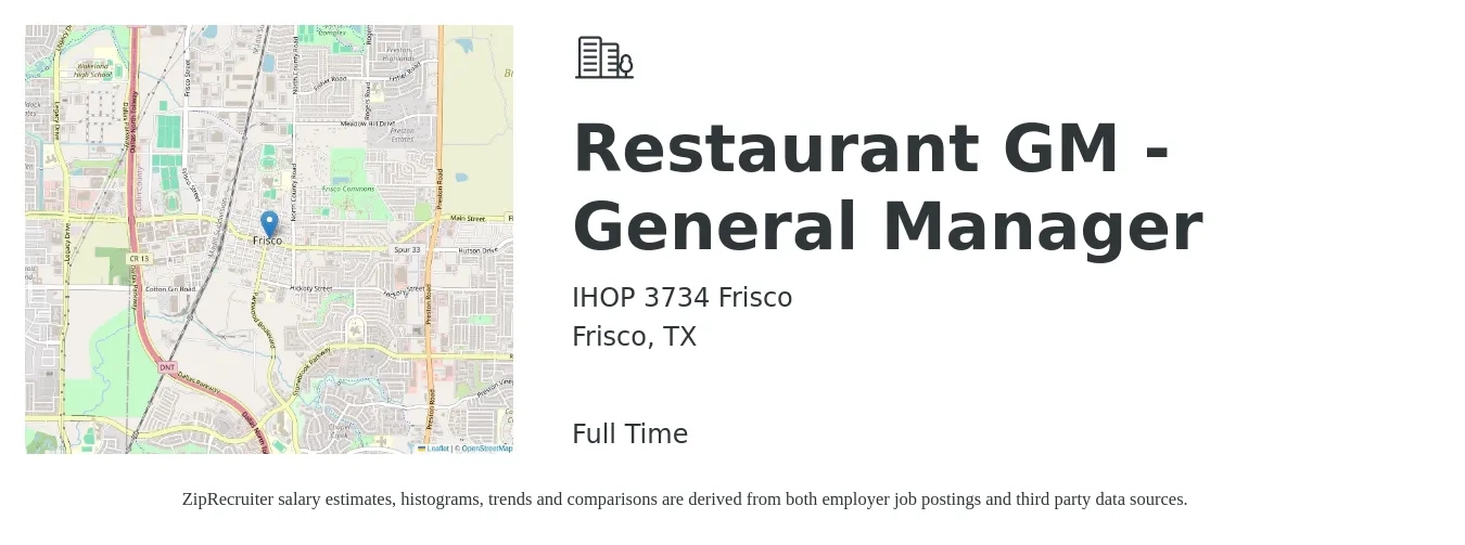 IHOP 3734 Frisco job posting for a Restaurant GM - General Manager in Frisco, TX with a salary of $50,900 to $70,200 Yearly with a map of Frisco location.