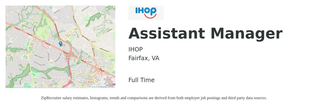 IHOP job posting for a Assistant Manager in Fairfax, VA with a salary of $16 to $25 Hourly with a map of Fairfax location.