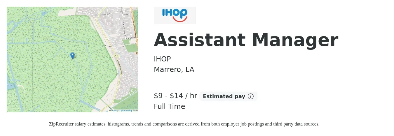IHOP job posting for a Assistant Manager in Marrero, LA with a salary of $10 to $15 Hourly with a map of Marrero location.