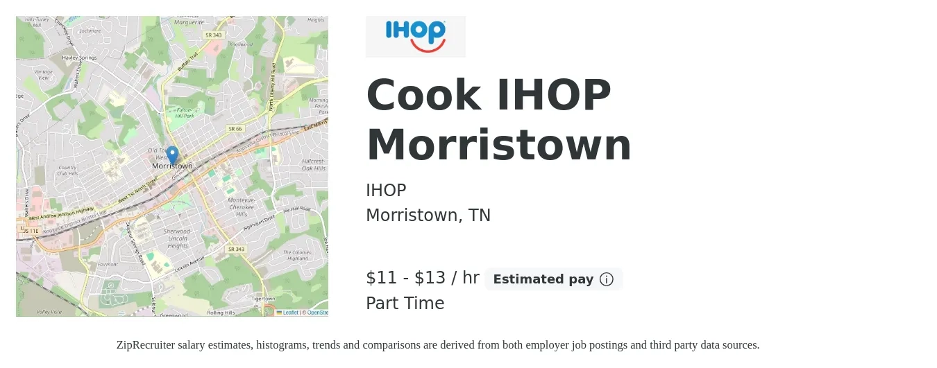 IHOP job posting for a Cook IHOP Morristown in Morristown, TN with a salary of $12 to $14 Hourly with a map of Morristown location.