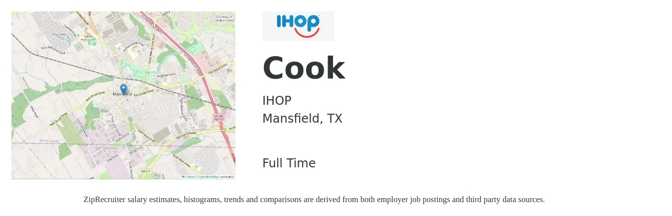IHOP job posting for a Cook in Mansfield, TX with a salary of $12 to $17 Hourly with a map of Mansfield location.
