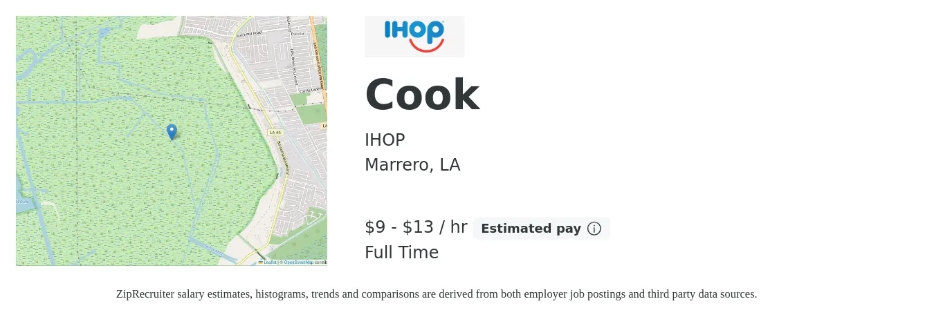 IHOP job posting for a Cook in Marrero, LA with a salary of $10 to $14 Hourly with a map of Marrero location.