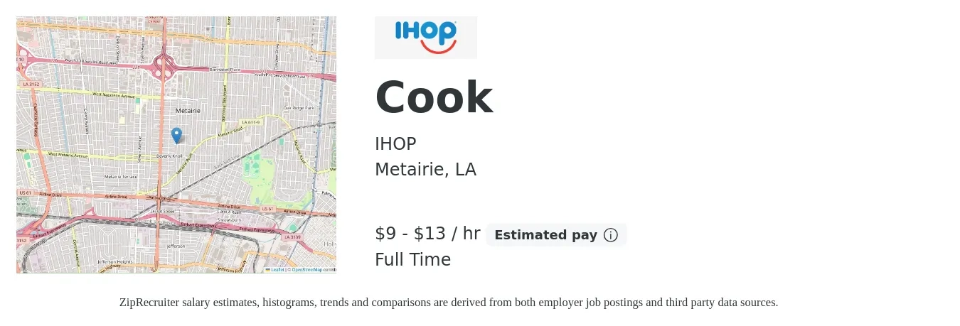 IHOP job posting for a Cook in Metairie, LA with a salary of $10 to $14 Hourly with a map of Metairie location.