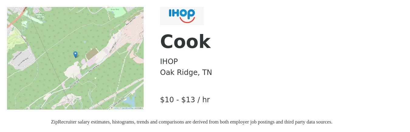 IHOP job posting for a Cook in Oak Ridge, TN with a salary of $12 to $14 Hourly with a map of Oak Ridge location.
