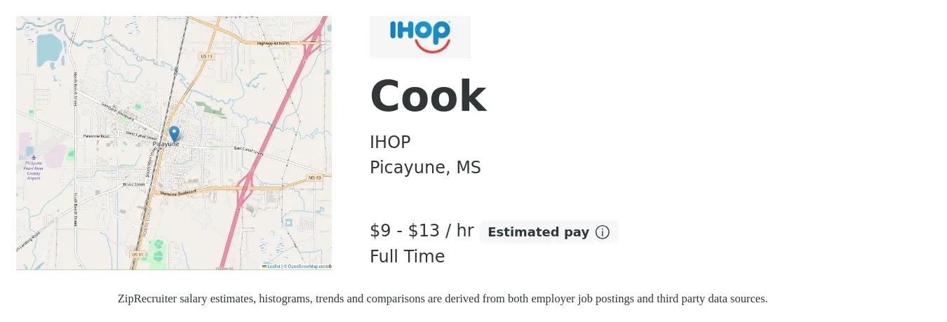 IHOP job posting for a Cook in Picayune, MS with a salary of $10 to $14 Hourly with a map of Picayune location.