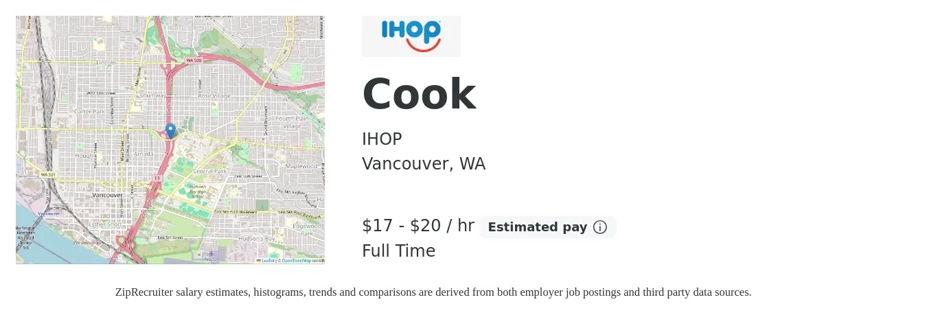 IHOP job posting for a Cook in Vancouver, WA with a salary of $18 to $21 Hourly with a map of Vancouver location.