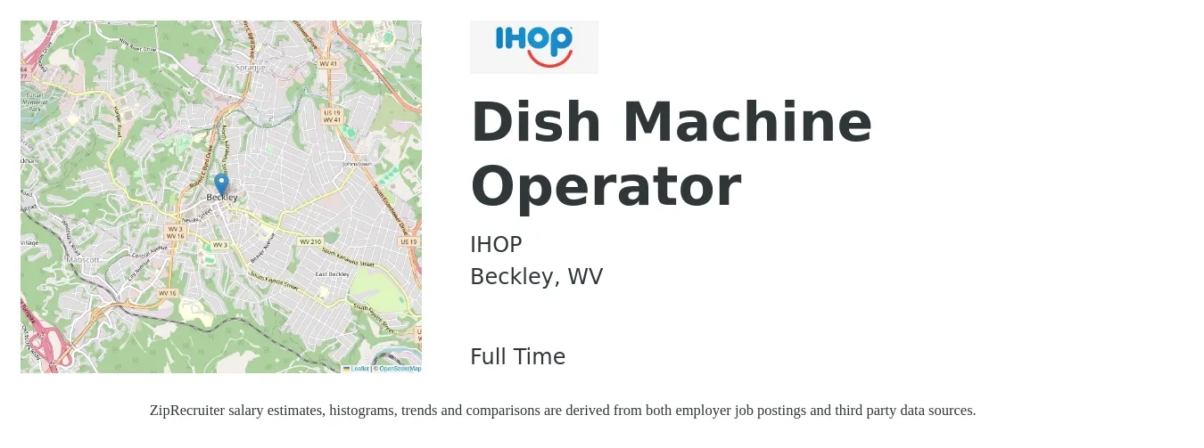 IHOP job posting for a Dish Machine Operator in Beckley, WV with a salary of $12 to $15 Hourly with a map of Beckley location.