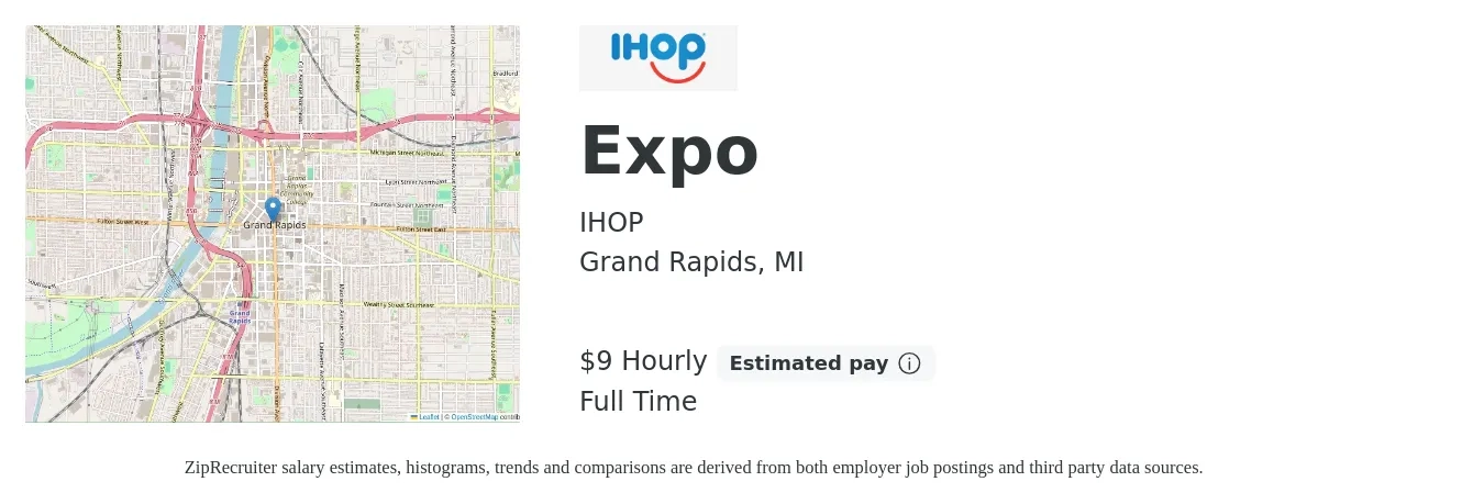 IHOP job posting for a Expo in Grand Rapids, MI with a salary of $10 Hourly with a map of Grand Rapids location.
