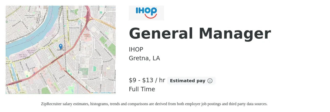 IHOP job posting for a General Manager in Gretna, LA with a salary of $10 to $16 Hourly with a map of Gretna location.
