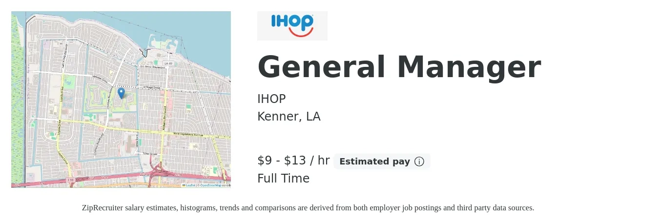IHOP job posting for a General Manager in Kenner, LA with a salary of $12 to $18 Hourly with a map of Kenner location.
