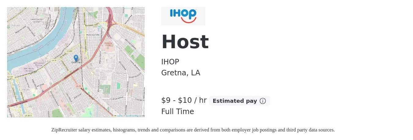 IHOP job posting for a Host in Gretna, LA with a salary of $10 to $11 Hourly with a map of Gretna location.