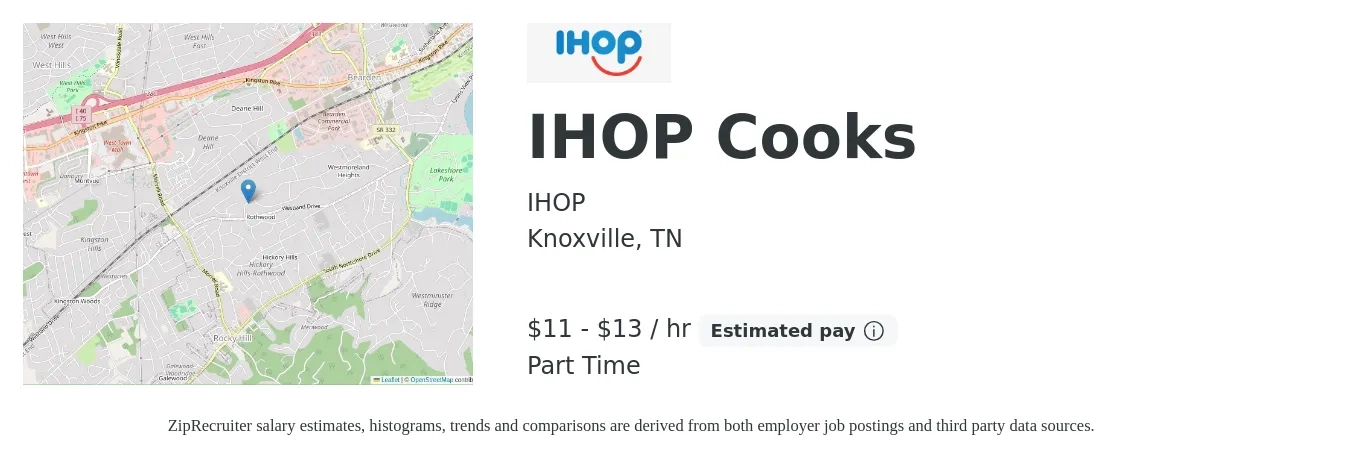IHOP job posting for a IHOP Cooks in Knoxville, TN with a salary of $12 to $14 Hourly with a map of Knoxville location.
