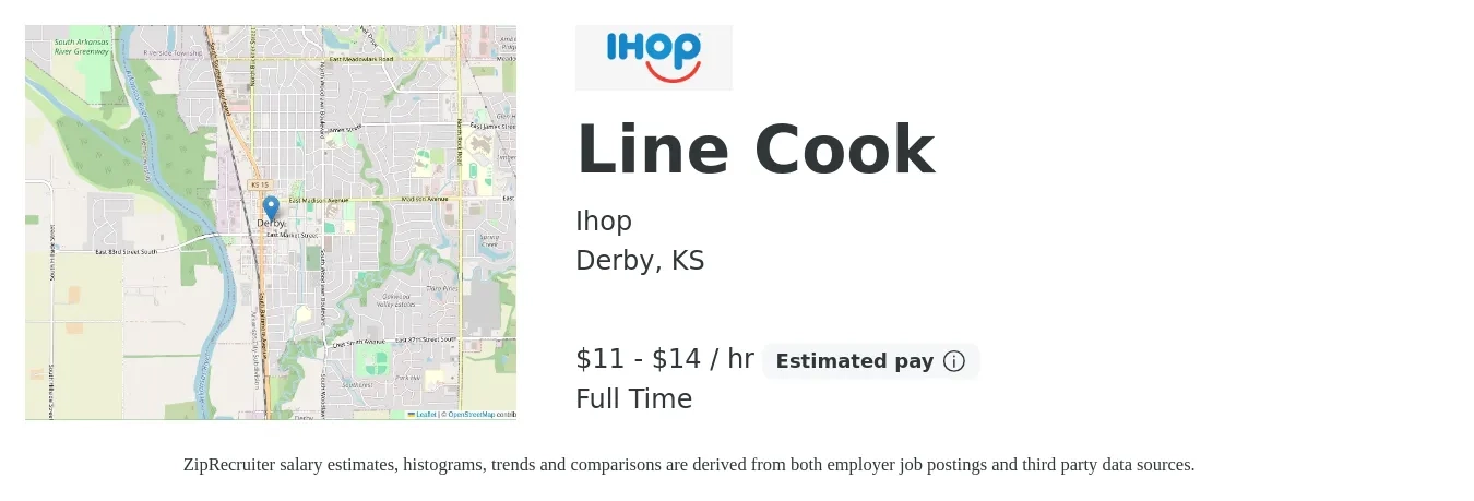 Ihop job posting for a Line Cook in Derby, KS with a salary of $12 to $15 Hourly with a map of Derby location.