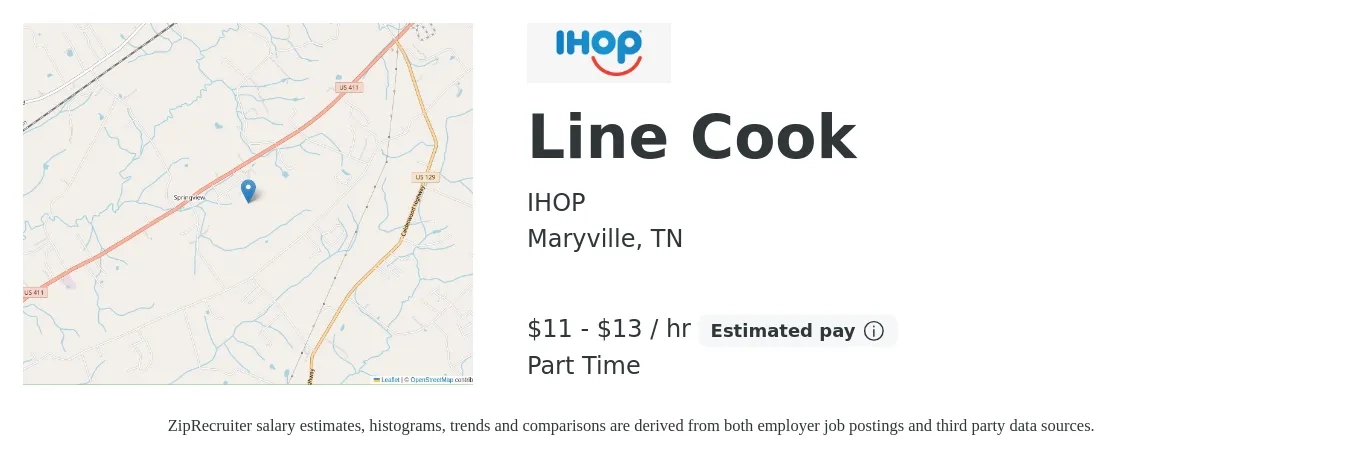 IHOP job posting for a Line Cook in Maryville, TN with a salary of $12 to $14 Hourly with a map of Maryville location.