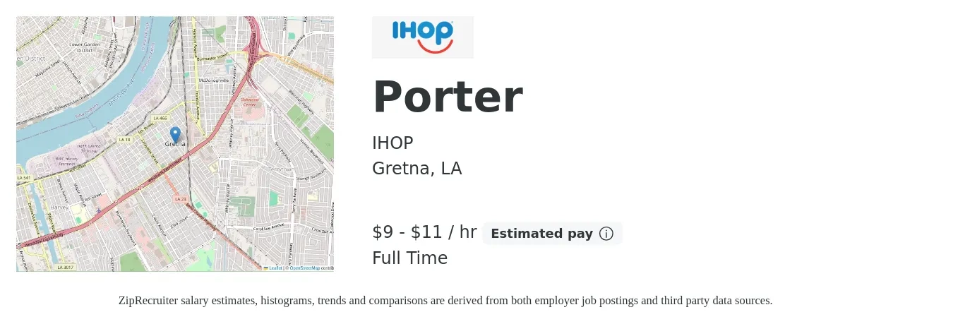 IHOP job posting for a Porter in Gretna, LA with a salary of $10 to $12 Hourly with a map of Gretna location.