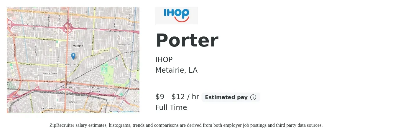 IHOP job posting for a Porter in Metairie, LA with a salary of $10 to $13 Hourly with a map of Metairie location.