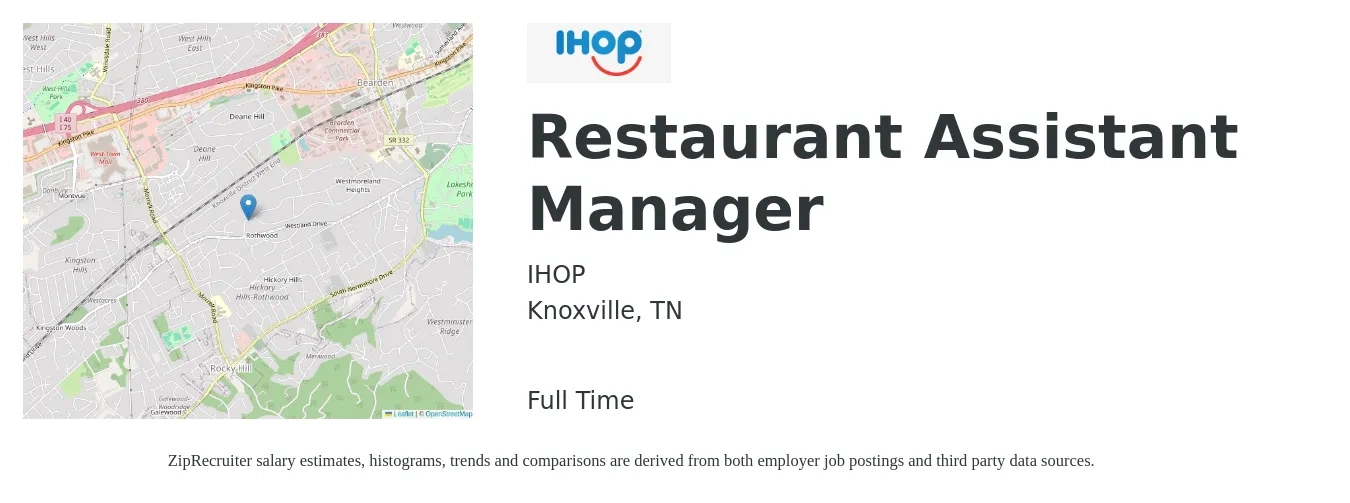 IHOP job posting for a Restaurant Assistant Manager in Knoxville, TN with a salary of $16 to $24 Hourly with a map of Knoxville location.