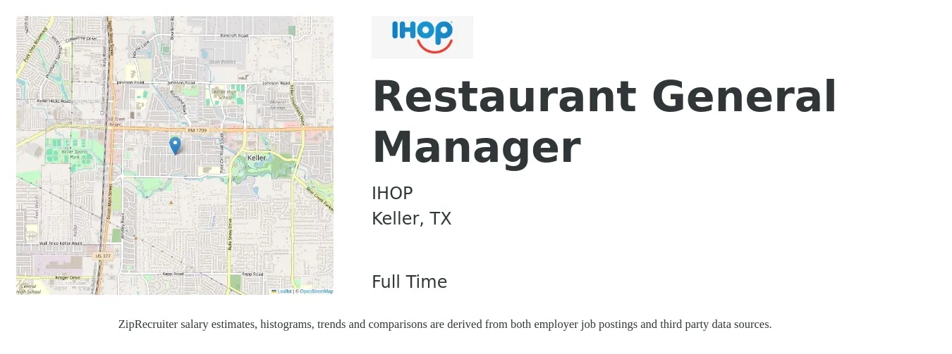 IHOP job posting for a Restaurant General Manager in Keller, TX with a salary of $49,000 to $67,700 Yearly with a map of Keller location.