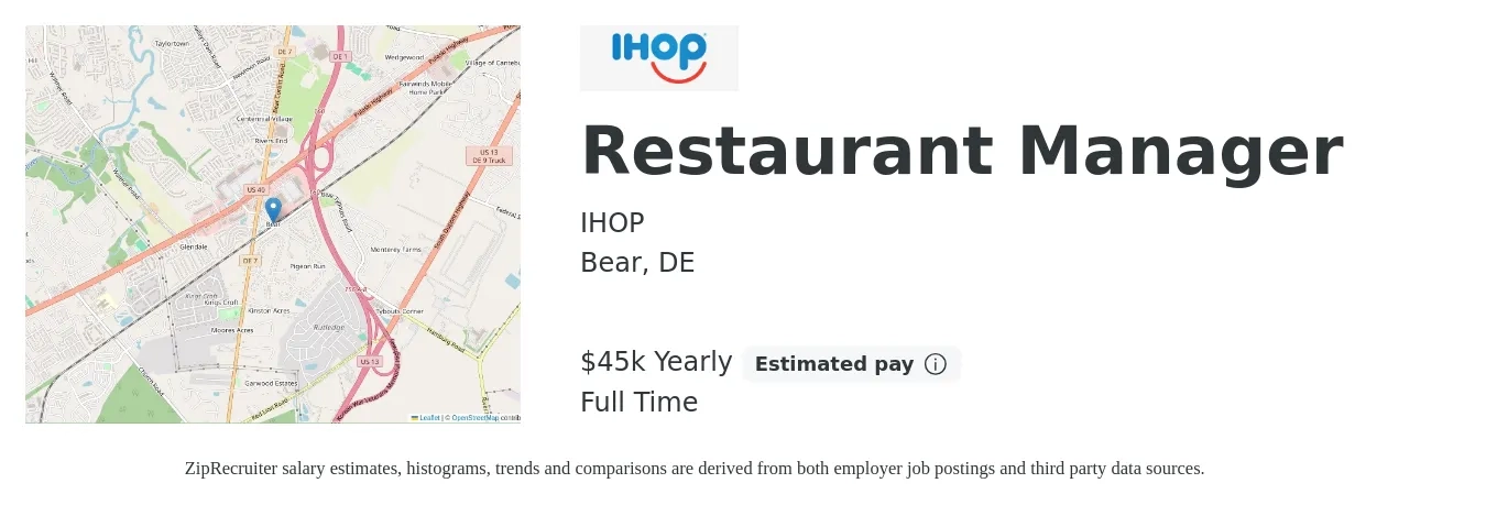 IHOP job posting for a Restaurant Manager in Bear, DE with a salary of $45,000 Yearly with a map of Bear location.