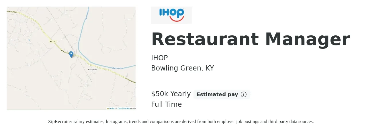 IHOP job posting for a Restaurant Manager in Bowling Green, KY with a salary of $50,000 Yearly with a map of Bowling Green location.
