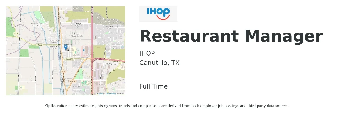 IHOP job posting for a Restaurant Manager in Canutillo, TX with a salary of $41,500 to $58,500 Yearly with a map of Canutillo location.