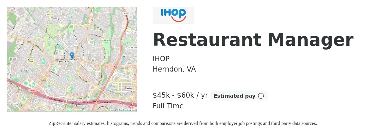 IHOP job posting for a Restaurant Manager in Herndon, VA with a salary of $45,000 to $60,000 Yearly with a map of Herndon location.