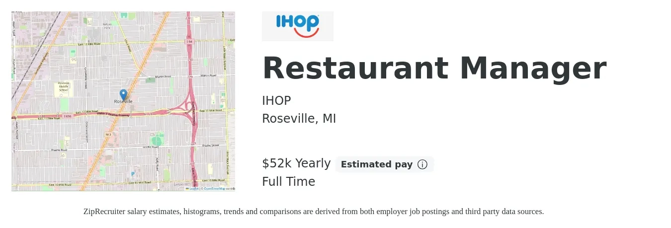 IHOP job posting for a Restaurant Manager in Roseville, MI with a salary of $52,000 Yearly with a map of Roseville location.