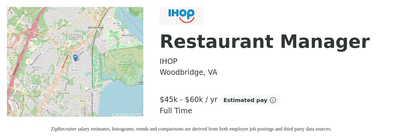 IHOP job posting for a Restaurant Manager in Woodbridge, VA with a salary of $45,000 to $60,000 Yearly with a map of Woodbridge location.