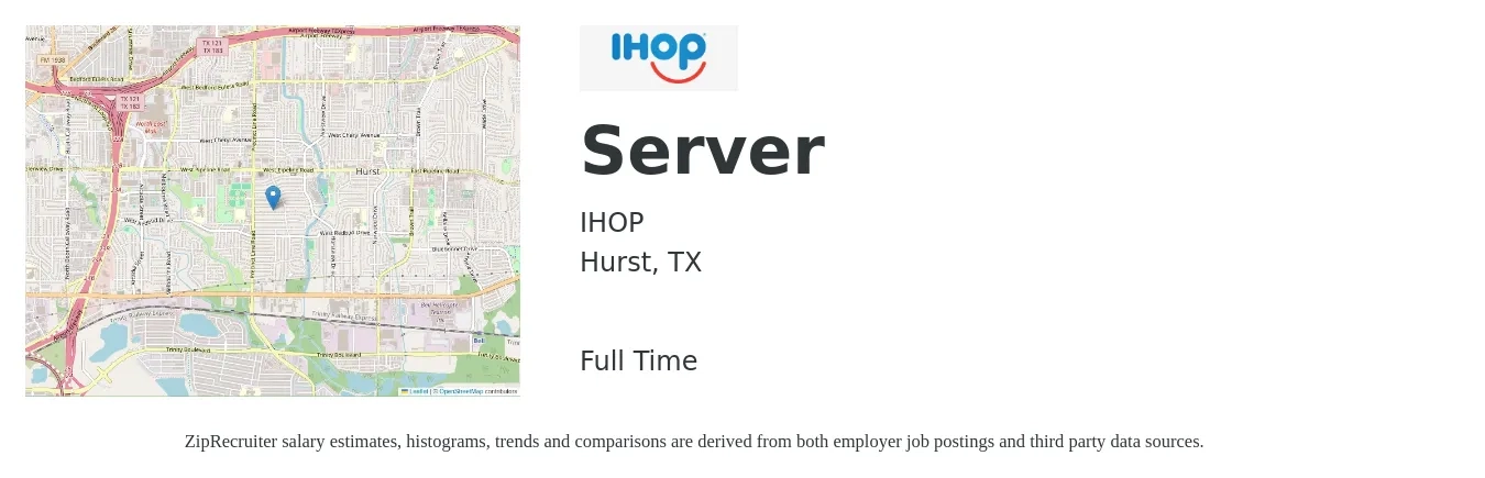 IHOP job posting for a Server in Hurst, TX with a salary of $10 to $16 Hourly with a map of Hurst location.